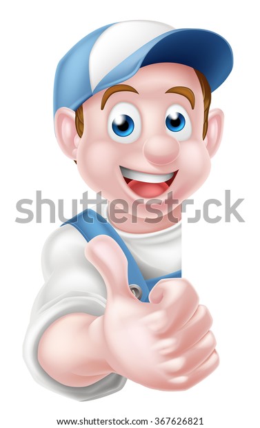 A cartoon mechanic,\
plumber, handyman, decorator or gardener peeking around a sign and\
giving a thumbs up