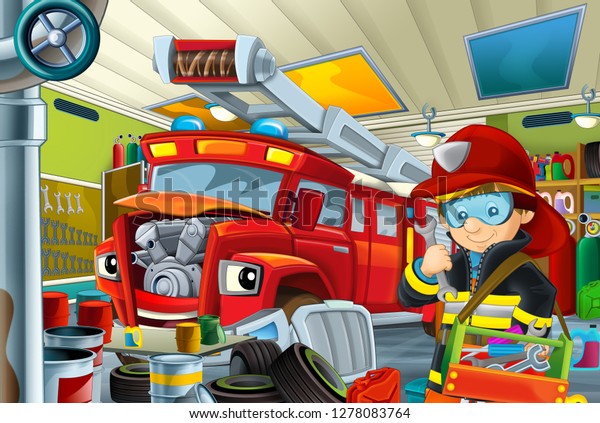 Cartoon mechanic workshop\
with fire truck and fireman repairing car- illustration for the\
children