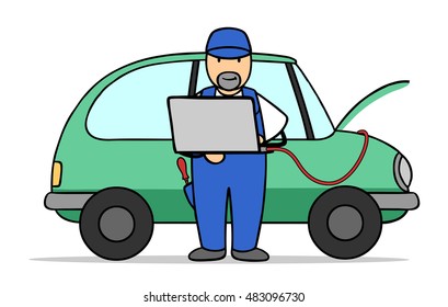 Cartoon mechatronics working with laptop computer on a car