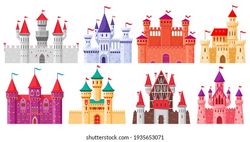 Cartoon medieval castles. Fairytale medieval towers, historical royal kingdom castles. Ancient fortress castles cartoon  illustration set