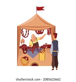 Cartoon Medieval Fair. Middle Ages Or Fairy Tale Fair Market With Characters Standing In Costumes. Sell Various Food Products