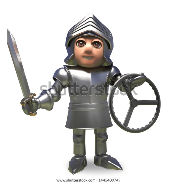 Cartoon medieval knight is holding a car steering\
wheel, 3d illustration\
render