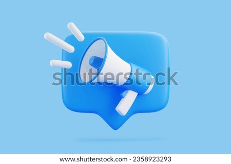 Cartoon megaphone with notification speech bubble on blue background. Loudspeaker or bullhorn in minimal style. 3D render illustration
