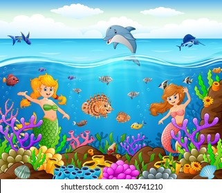 cartoon mermaid under the sea
