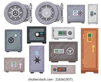 Cartoon Metal Safe Boxes With Code Locks, Bank Vault Door. Stationary Modern Safes And Locker. Secure Cash Storage With Password  Set. Illustration Of Safety Lock And Banking Steel Box