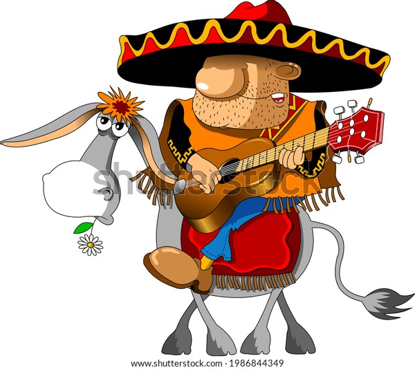 Cartoon Mexican Wearing Sombrero Riding Donkey Stock Illustration ...