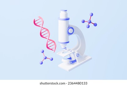 Cartoon microscope , DNA and molecules, 3d rendering. Digital drawing.
