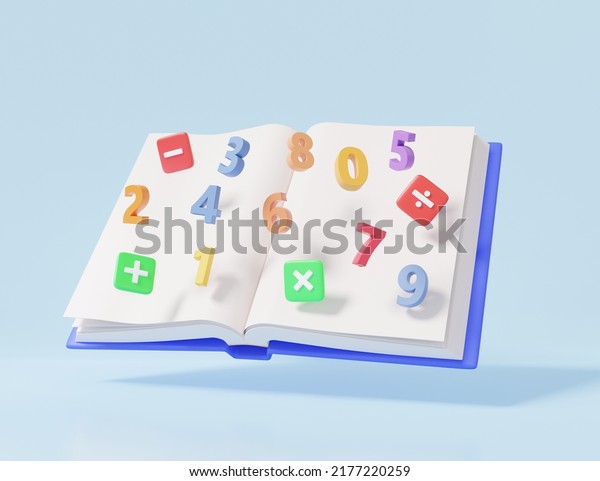 Cartoon minimal colorful open book with\
symbols math, plus, minus, multiplication on sky blue pastel\
background, calculation counting number concept. financial\
education. 3d render\
illustration