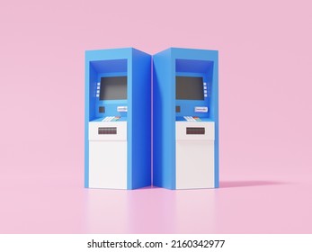 Cartoon Minimal Mockup Blue Two ATM Automatic Deposit Machine Icon On Pink Background. Rate Exchange, Money Transfer Account Concept. 3d Render Illustration