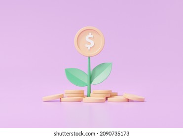 Cartoon minimal showing financial coins stacks growing invesment with tree on money Business development concept. 3d render illustration
