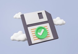 Cartoon Minimal Style Approved Diskette Icon Online Data Storage Information Technology Save Files And Clouds Backup Floating On Pastel Background. Floppy Disk Memory Digital, Copy Space. 3d Render