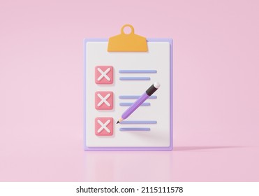 Cartoon Minimal Style Checklist On Clipboard Paper. Information Business Document Incorrect Red Mark On Pink Background. 3d Render Illustration