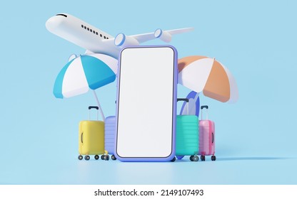 Cartoon Minimal. Travel Online Booking Service On Smartphone Tourism Plane Trip Planning World Tour With Suitcase Beach Umbrella, Leisure Touring Holiday Summer Concept. 3d Render Illustration