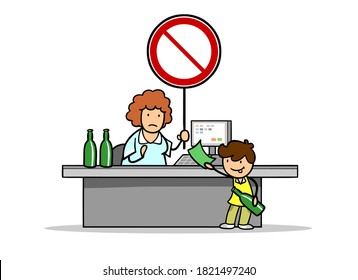 Cartoon Minor Tries To Buy Alcohol As A Child In The Supermarket With A Prohibition Sign From The Cashier