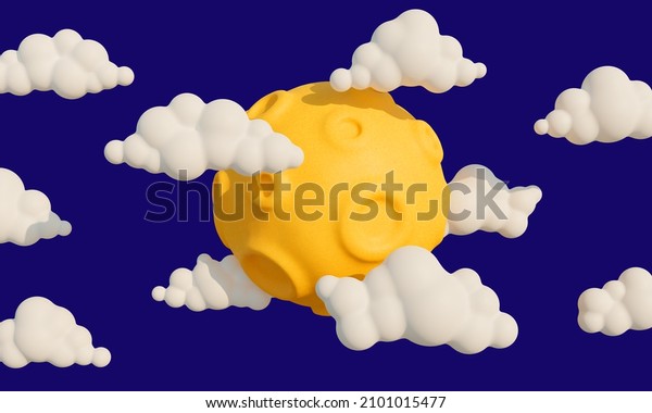 Cartoon moon with craters surrounded fluffy\
clouds. 3d illustration. 3d\
render.