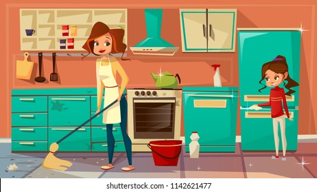  cartoon mother daughter girl helps cleaning kitchen together, doing household chores. Female women characters wiping floor, dust interior furniture cupboard fridge cooking stove, microwave oven - Powered by Shutterstock