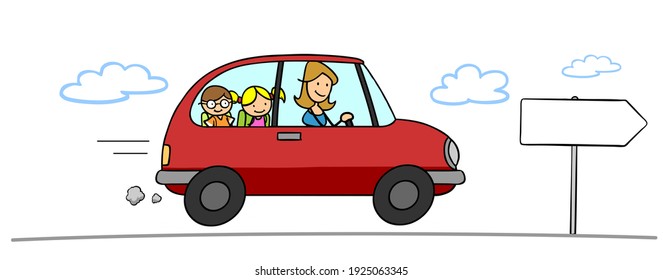 Cartoon mother drives her two children to school in the parents taxi
