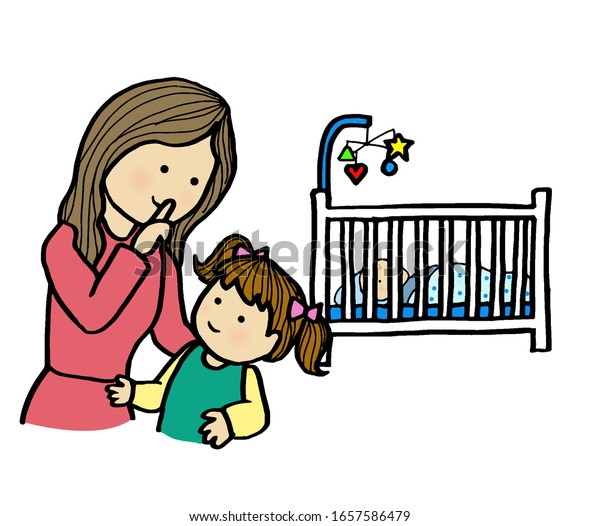 寝ているアニメの母親と妹と赤ちゃん のイラスト素材