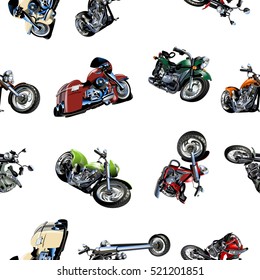 Cartoon Motorcycle Seamless Pattern Isolated On White Background