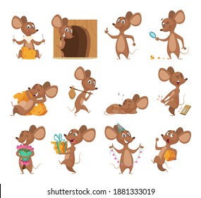 Cartoon Mouse. Funny Little Animals Lab Mice With Cheese Collection Pictures