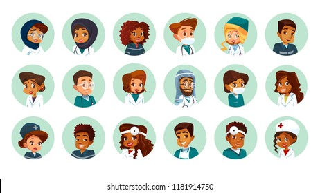  cartoon multinational medical character avatars set. Circle icon with women men doctors medical uniform. African black caucasian indian muslim arab khaliji male female surgeon nurse specialist - Powered by Shutterstock