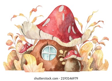 Cartoon mushroom house and small round window   bushes around  Autumn cute forest miniature  Watercolor hand painted illustration
