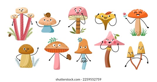 Cartoon mushrooms characters  Funny forest fungi  organic botanic elements  edible   poisonous  happy emoji  fairy creatures  vector set