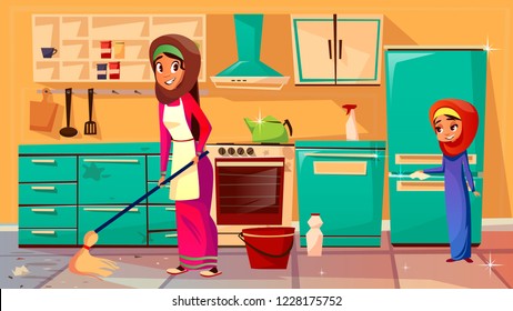  cartoon muslim khaliji mother, daughter in hijab cleaning kitchen together, doing household chores. Female arab women characters wiping floor, dust interior furniture, fridge, cooking stove - Powered by Shutterstock