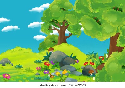 Cartoon Nature Floral Scene Beautiful Sunny Stock Illustration ...