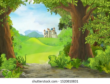 Cartoon nature scene with beautiful castle - illustration for the children
