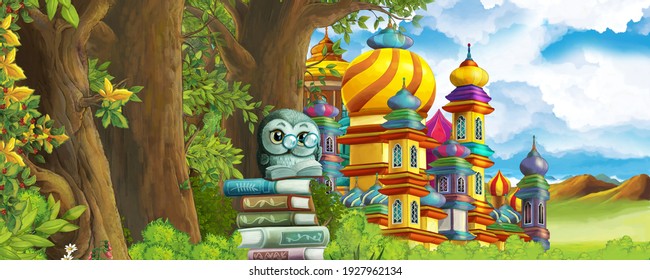 Cartoon nature scene with beautiful castle and the forest illustration for children