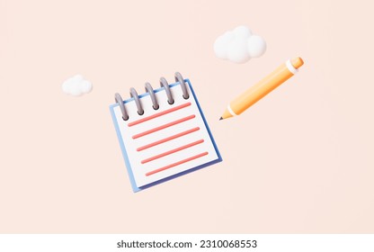 Cartoon notepad and pencil on the yellow background, 3d rendering. Digital drawing. - Powered by Shutterstock