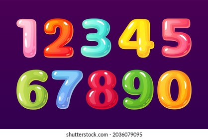 Cartoon Numbers. Cute Comic Bubble Alphabet Mathematical Symbols For Children. Colorful Candy, Jelly Math Figures. Funny Kid School Number . Balloon Numerical Signs, Counting Learning