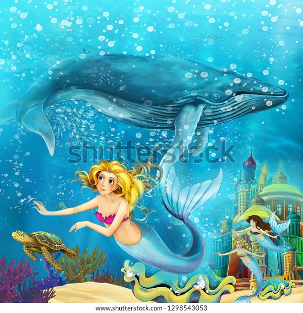 水中でクジラと泳ぐマンガの海と人魚 子ども向けイラトス のイラスト素材