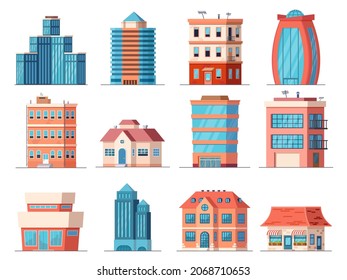 Cartoon Office City Buildings, Skyscraper And Downtown Apartment House. Real Estate, Business Tower, Shop And Cafe Building. Town  Set Of Building Office, Cityscape Urban Downtown