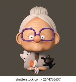 Cartoon old lady with cats. Granny with cats 3d illustration - Powered by Shutterstock