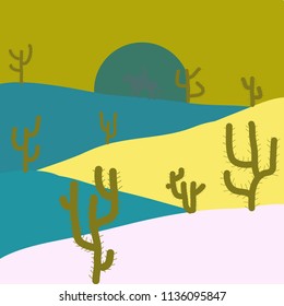 Cartoon on yellow, blue and neutral colors. Desert landscape with cactuses.