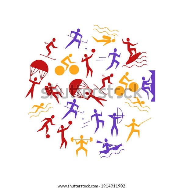 Cartoon Outdoor\
Activities Sports Games Round Design Template Include of Badminton,\
Footbal or Soccer, Swimming and Running Flat Design Style.\
illustration of Sport Game\
Icon
