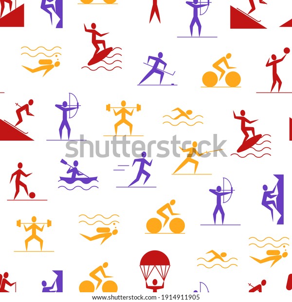 Cartoon Outdoor\
Activities Sports Games Seamless Pattern Background on a White\
Include of Badminton, Footbal or Soccer, Swimming and Running.\
illustration of Sport Game\
Icon