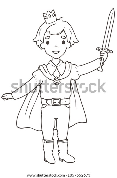 白い背景にかわいい王子と剣のアウトライン図 のイラスト素材