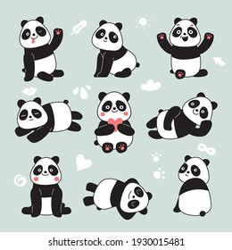 Cartoon Panda. Cute Panda Bear, Happy Baby Animals, Lazy Funny Chinese Bears Posing. Friendly Mascot, Characters Set