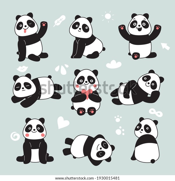 漫画のパンダ かわいいパンダクマ 幸せな生き物 なまけなおかしな中国のクマがポーズをとる フレンドリーなマスコット キャラクターセット のイラスト素材