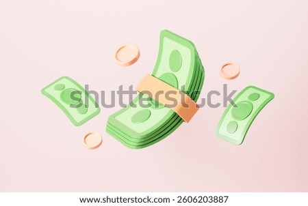 Cartoon paper bills stack, flying banknotes, 3d rendering. 3d illustration.