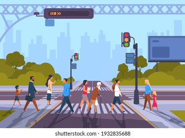 Cartoon pedestrians. City crosswalk with diverse people and no traffic, urban cityscape with people hurry at work.  illustration town road with men and woman walking outdoors - Powered by Shutterstock