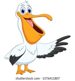 Cartoon pelican presenting with his wing