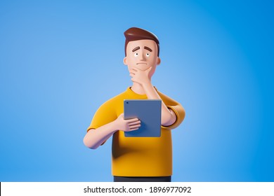 Cartoon Pensive Character Man In Yellow Tshirt Hold Digital Tablet And Think Dream About Over Blue Background. 3d Render Illustration