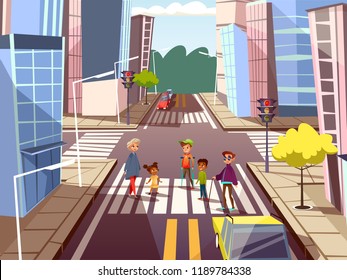  cartoon people on pedestrian crossing road on city downtown urban cityscape background. Illustration with african black caucasian male female characters, blind disabled man, boy on crutches. - Powered by Shutterstock