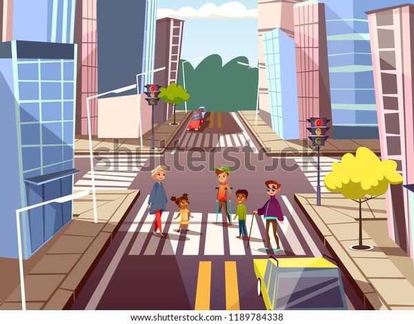  cartoon people on pedestrian crossing road on\
city downtown urban cityscape background. Illustration with african\
black caucasian male female characters, blind disabled man, boy on\
crutches.