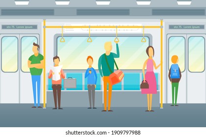 Cartoon People In Subway Train Card Poster Underground Transport Concept Flat Design Style For Ad. Illustration Of Metro Transportation