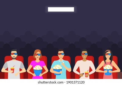 Cartoon People Watching Movie in Cinema Background Card Entertainment Concept Flat Design Style. illustration of Film Auditorium - Powered by Shutterstock